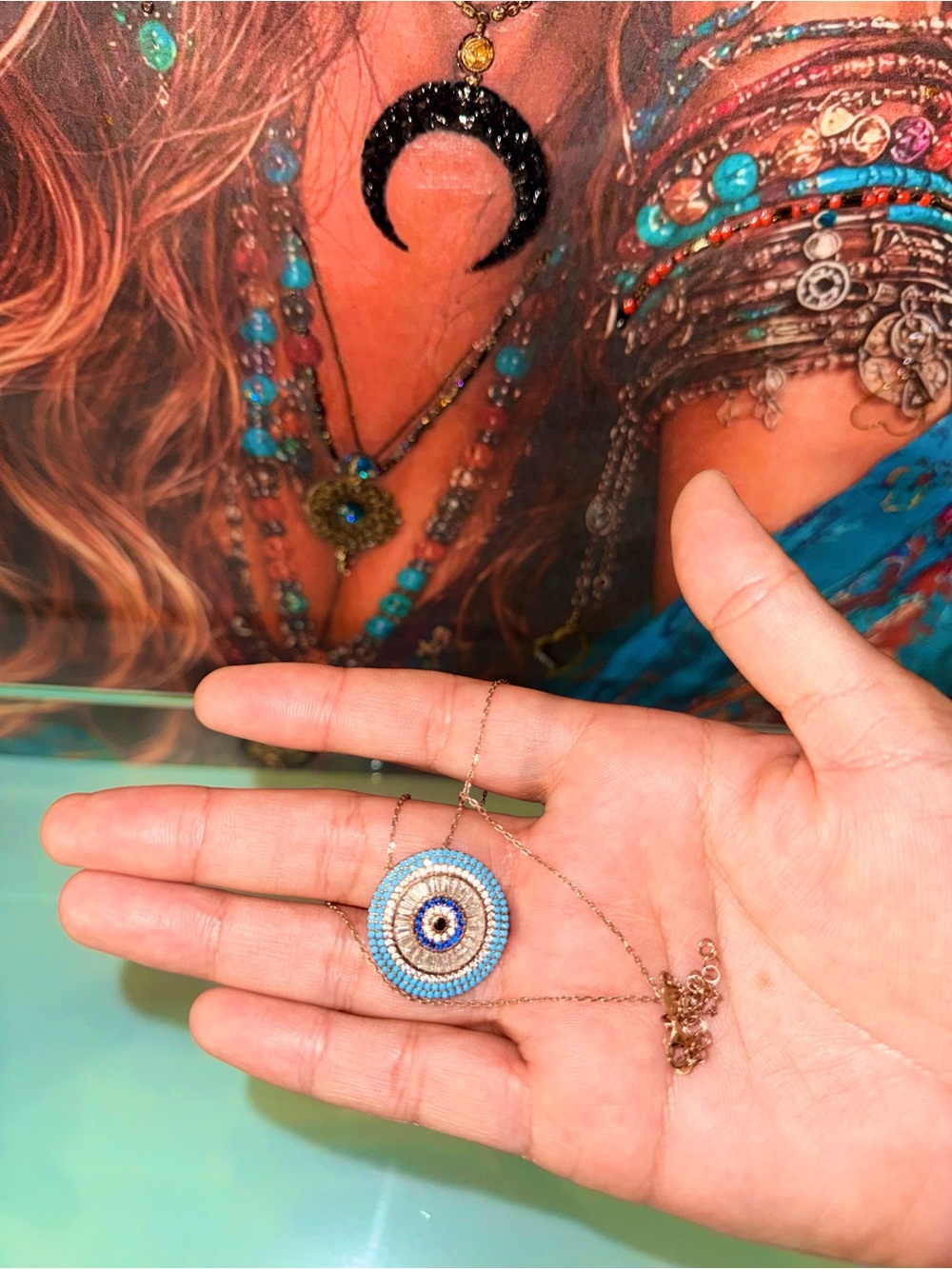Gold-Plated Blue Beaded Round Evil Eye Pendant Necklace